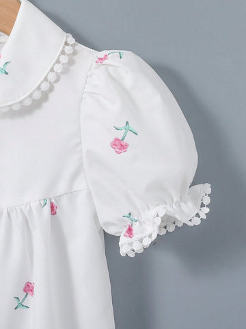 Young Girls' Lovely Short-Sleeved Shirt With Daisy Patterned Doll Collar, Summer