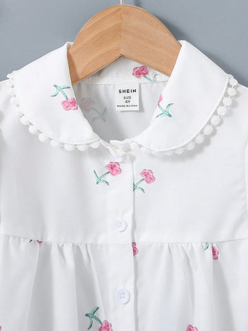 Young Girls' Lovely Short-Sleeved Shirt With Daisy Patterned Doll Collar, Summer