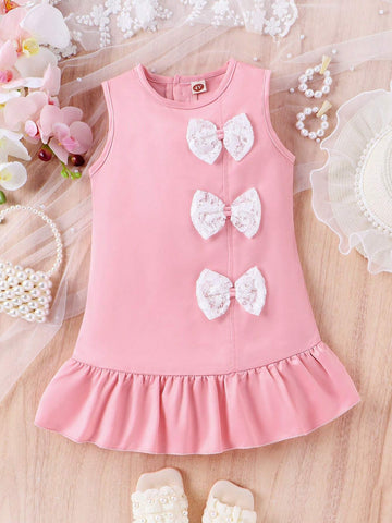 Young Girl's Lovely Sleeveless Dress With Butterfly Knot And Ruffles On The Hem For Summer