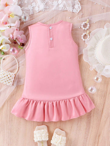Young Girl's Lovely Sleeveless Dress With Butterfly Knot And Ruffles On The Hem For Summer