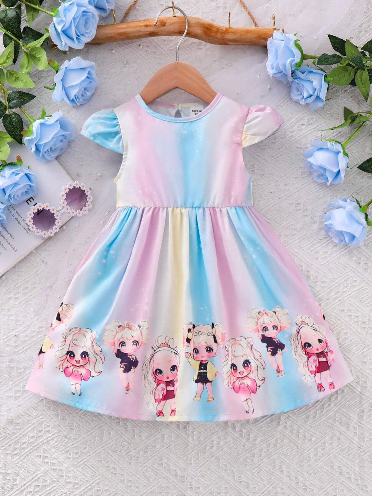 Young Girls' Lovely & Rainbow Striped Printed Round Neck Dress