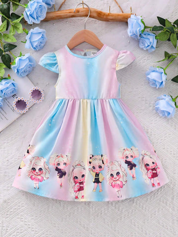 Young Girls' Lovely & Rainbow Striped Printed Round Neck Dress
