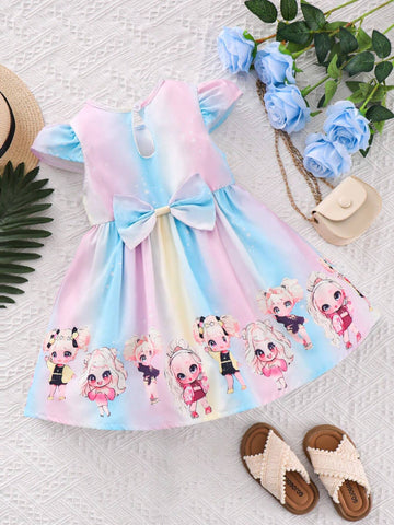 Young Girls' Lovely & Rainbow Striped Printed Round Neck Dress