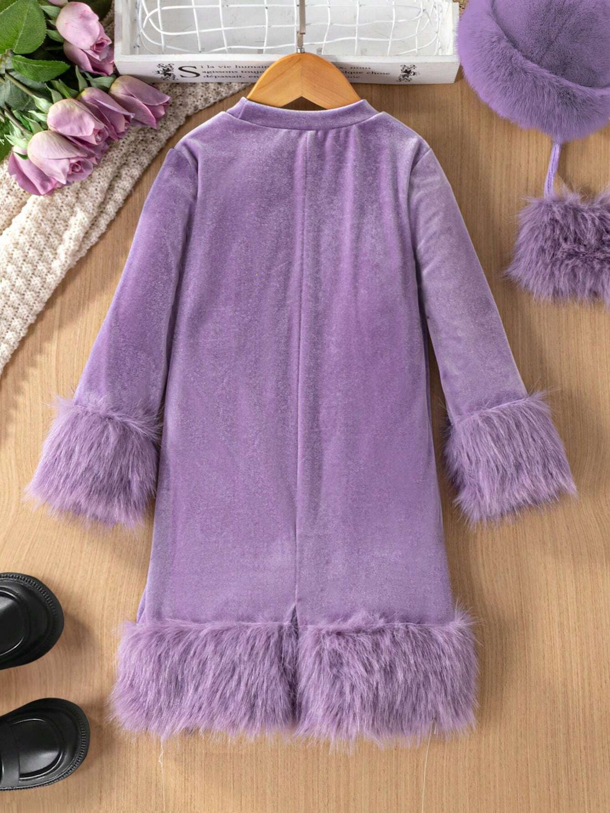 Young Girls Luxurious Elegant Princess Bodycon Long Sleeve Purple Plush Round Neck With Cuff And Hem Fluffy Trim Dress,