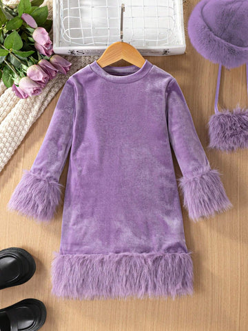 Young Girls Luxurious Elegant Princess Bodycon Long Sleeve Purple Plush Round Neck With Cuff And Hem Fluffy Trim Dress,