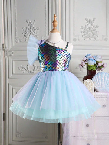Young Girls' Mermaid Princess Style Mesh Patchwork Dress With Large Bow And Fish Scale Printed Dress