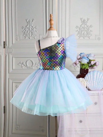 Young Girls' Mermaid Princess Style Mesh Patchwork Dress With Large Bow And Fish Scale Printed Dress