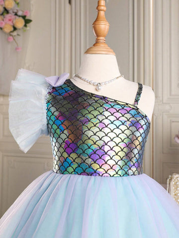 Young Girls' Mermaid Princess Style Mesh Patchwork Dress With Large Bow And Fish Scale Printed Dress