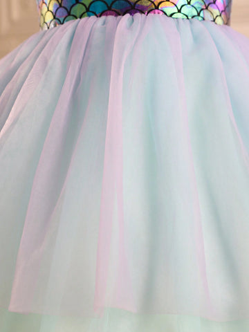 Young Girls' Mermaid Princess Style Mesh Patchwork Dress With Large Bow And Fish Scale Printed Dress