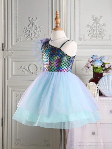 Young Girls' Mermaid Princess Style Mesh Patchwork Dress With Large Bow And Fish Scale Printed Dress