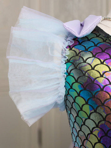 Young Girls' Mermaid Princess Style Mesh Patchwork Dress With Large Bow And Fish Scale Printed Dress