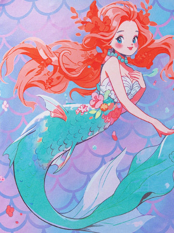 Young Girl's Mermaid Printed Patchwork Dress With Colorful Effect