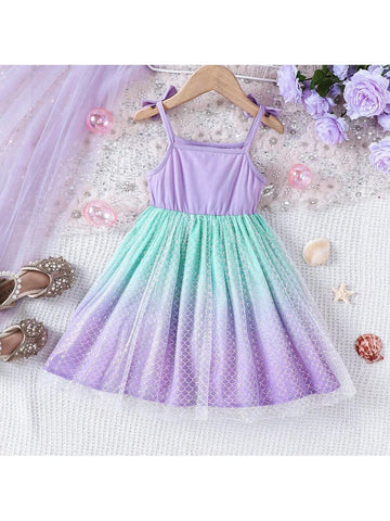 Young Girl's Mermaid Scale Gradient Mesh Dress With Bowknot For Summer