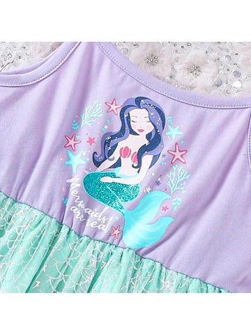 Young Girl's Mermaid Scale Gradient Mesh Dress With Bowknot For Summer