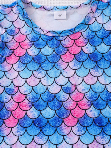 Young Girls' Mermaid Scale Print Ruffle Hem Dress, Summer Party Gift