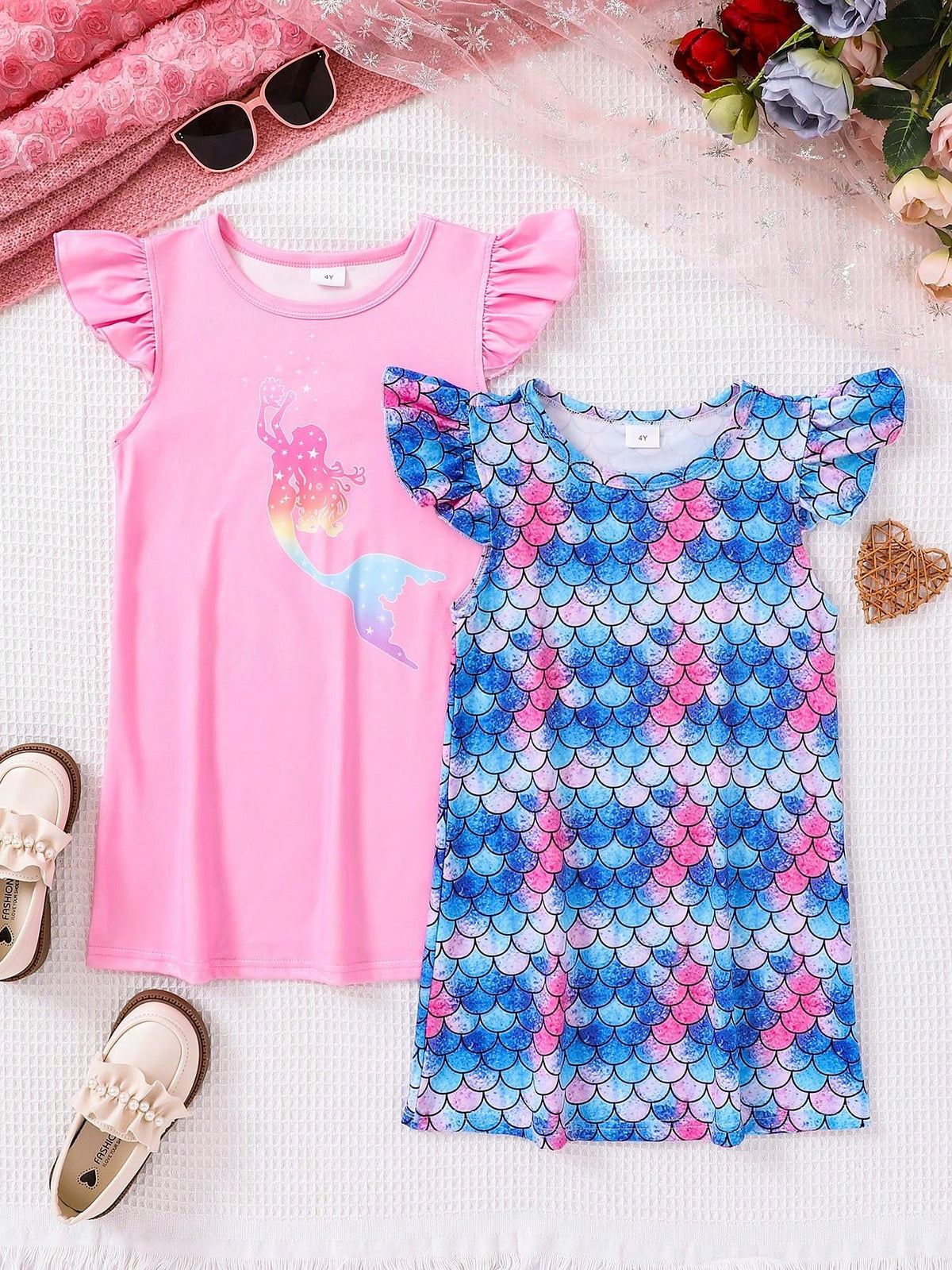 Young Girls' Mermaid Scale Print Ruffle Hem Dress, Summer Party Gift