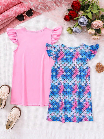 Young Girls' Mermaid Scale Print Ruffle Hem Dress, Summer Party Gift