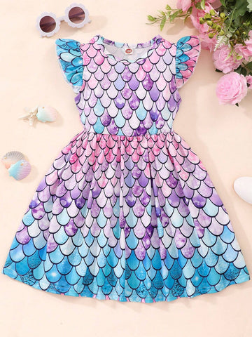 Young Girls' Mermaid Scale Printed Dress With Ruffle Trim Decor
