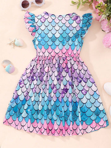 Young Girls' Mermaid Scale Printed Dress With Ruffle Trim Decor