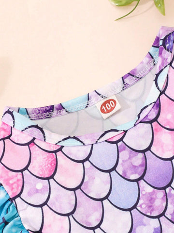 Young Girls' Mermaid Scale Printed Dress With Ruffle Trim Decor