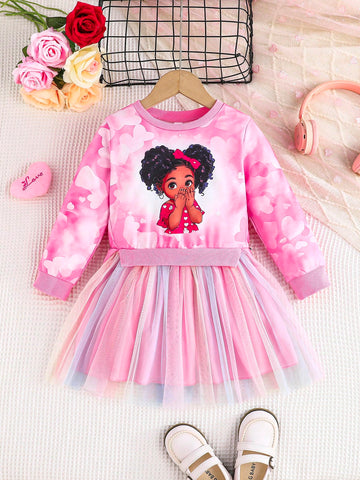 Young Girls Mesh Dress Long Sleeve Printed Cute 2 In 1 Party Dress