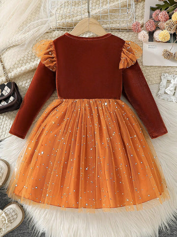 Young Girls Mesh Hem Graphic Print Elastic Waist Cap Sleeve A-Line Dress, 1pc, Spring & Autumn