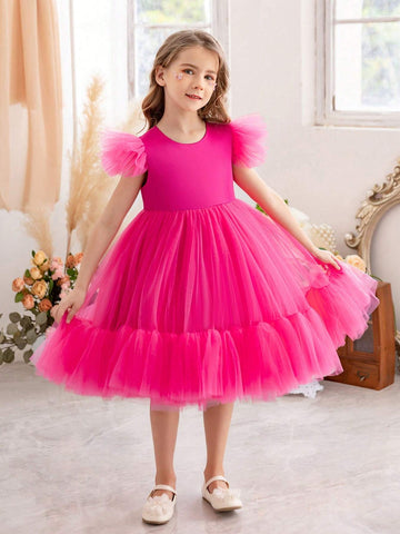 Young Girl's Mesh Patchwork Ruffle Hem Waist Cinched Party Princess Dress, Halloween Cosplay Costume, Formal Occasion