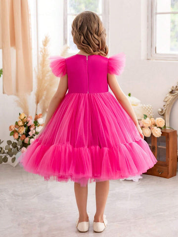 Young Girl's Mesh Patchwork Ruffle Hem Waist Cinched Party Princess Dress, Halloween Cosplay Costume, Formal Occasion