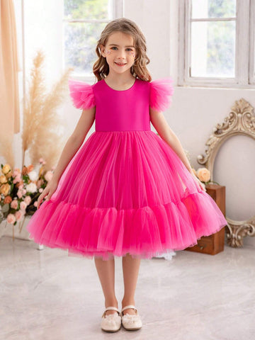 Young Girl's Mesh Patchwork Ruffle Hem Waist Cinched Party Princess Dress, Halloween Cosplay Costume, Formal Occasion