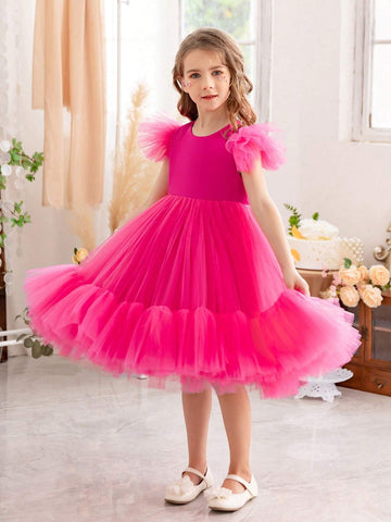 Young Girl's Mesh Patchwork Ruffle Hem Waist Cinched Party Princess Dress, Halloween Cosplay Costume, Formal Occasion