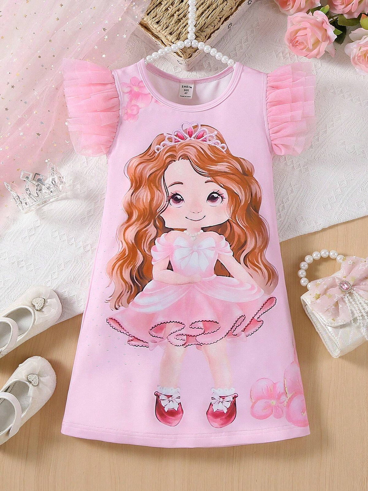 Young Girls' Mesh Short Sleeve Portrait Print Pink Dress, Suitable For Casual & Festival Parties, Summer