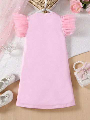 Young Girls' Mesh Short Sleeve Portrait Print Pink Dress, Suitable For Casual & Festival Parties, Summer