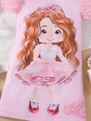 Young Girls' Mesh Short Sleeve Portrait Print Pink Dress, Suitable For Casual & Festival Parties, Summer