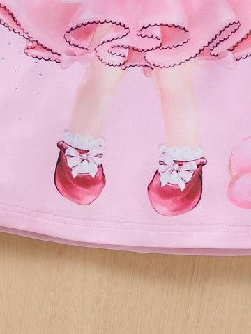 Young Girls' Mesh Short Sleeve Portrait Print Pink Dress, Suitable For Casual & Festival Parties, Summer