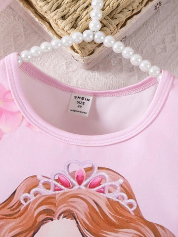 Young Girls' Mesh Short Sleeve Portrait Print Pink Dress, Suitable For Casual & Festival Parties, Summer