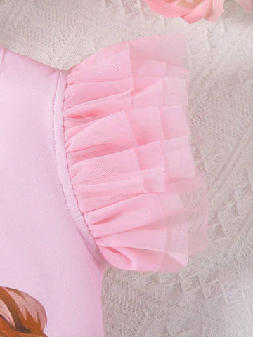 Young Girls' Mesh Short Sleeve Portrait Print Pink Dress, Suitable For Casual & Festival Parties, Summer