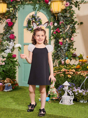 Young Girls' Mesh Square Neckline Bubble Sleeve Dress With 3d Flowers & Big Bow Decoration