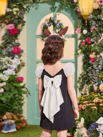 Young Girls' Mesh Square Neckline Bubble Sleeve Dress With 3d Flowers & Big Bow Decoration