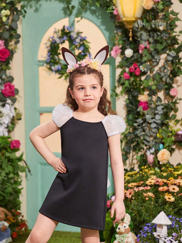 Young Girls' Mesh Square Neckline Bubble Sleeve Dress With 3d Flowers & Big Bow Decoration