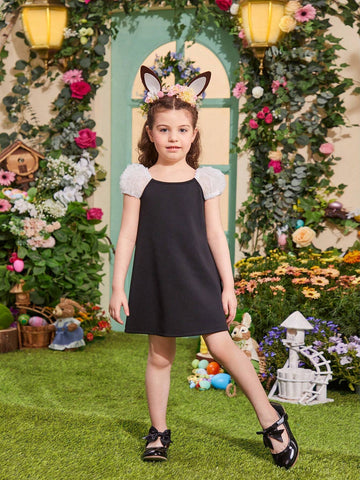 Young Girls' Mesh Square Neckline Bubble Sleeve Dress With 3d Flowers & Big Bow Decoration