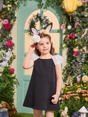 Young Girls' Mesh Square Neckline Bubble Sleeve Dress With 3d Flowers & Big Bow Decoration