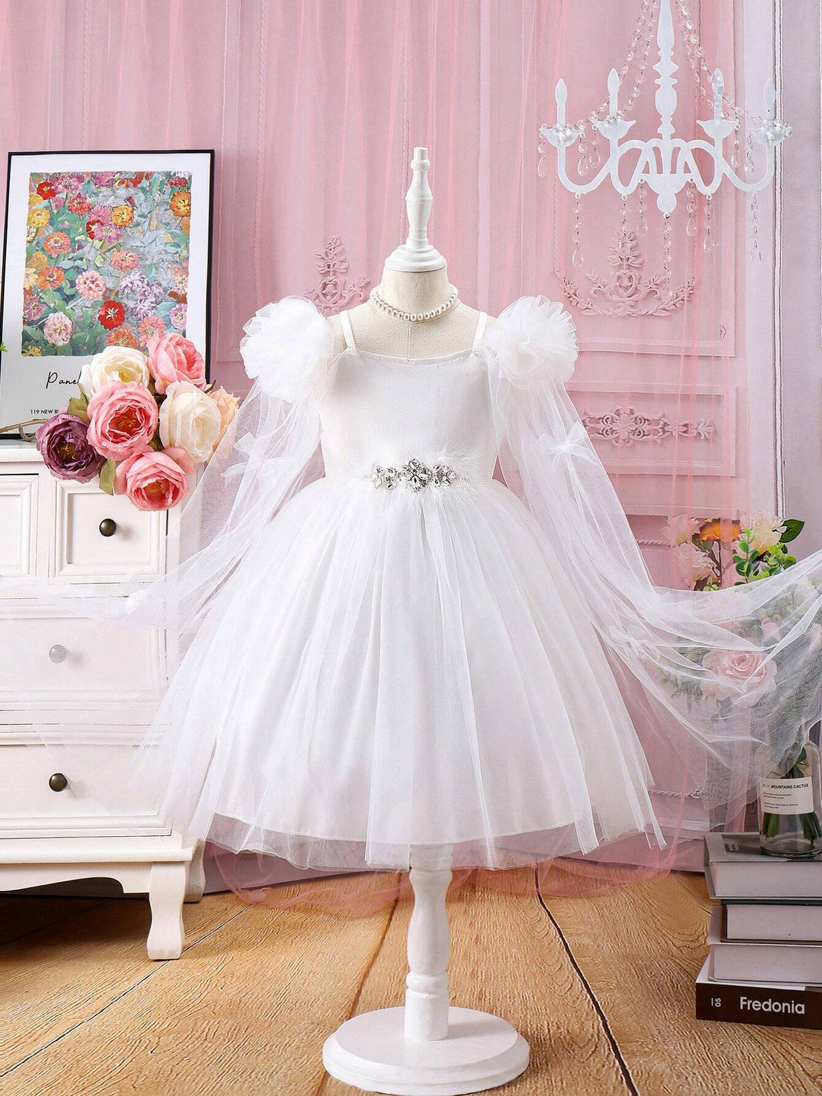 Young Girl's Mesh & Floral Applique Cold Shoulder Neckline Dress