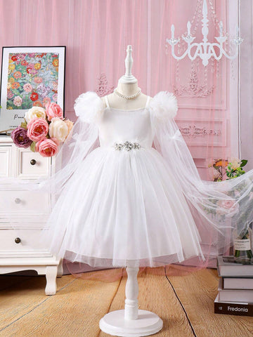 Young Girl's Mesh & Floral Applique Cold Shoulder Neckline Dress