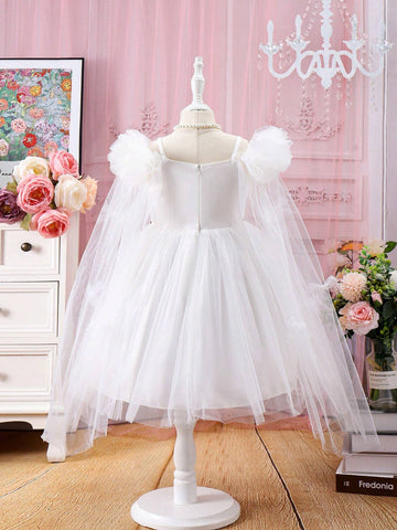 Young Girl's Mesh & Floral Applique Cold Shoulder Neckline Dress