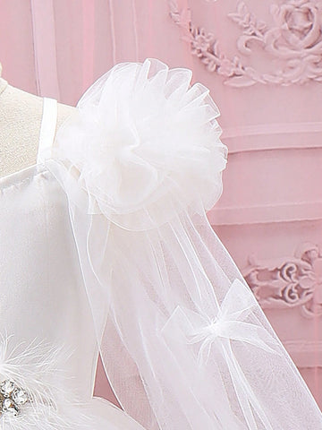 Young Girl's Mesh & Floral Applique Cold Shoulder Neckline Dress