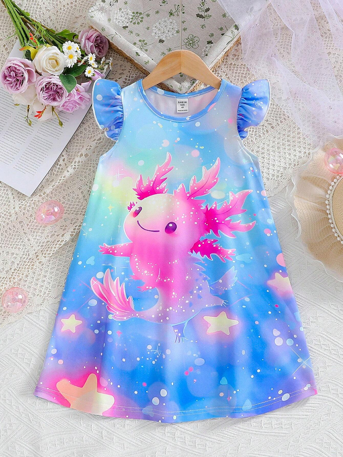 Young Girls" Mexican Children Day Colorful Hexagon Dinosaur Round Neck Flare Sleeve Mid-Length Dress For Summer