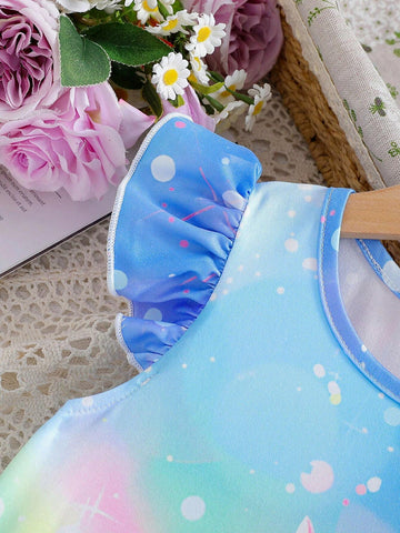 Young Girls" Mexican Children Day Colorful Hexagon Dinosaur Round Neck Flare Sleeve Mid-Length Dress For Summer