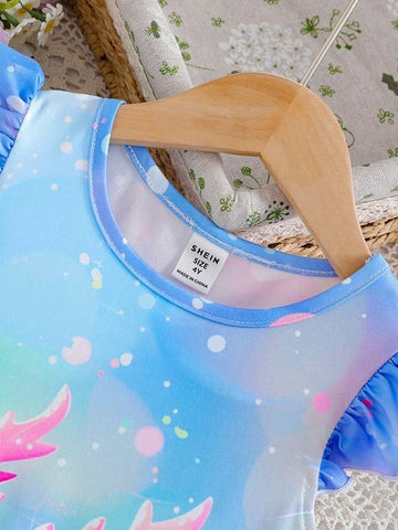 Young Girls" Mexican Children Day Colorful Hexagon Dinosaur Round Neck Flare Sleeve Mid-Length Dress For Summer