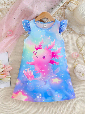 Young Girls" Mexican Children Day Colorful Hexagon Dinosaur Round Neck Flare Sleeve Mid-Length Dress For Summer