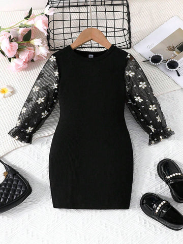 Young Girls Minimalist Fashion Spring & Autumn New Floral Mesh Long Sleeve Solid Rib Round Neck Dress